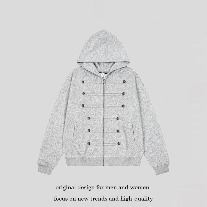 Ladies Hooded Sweat Jacket with decorative Double Button Placket and Zipper Mune Fashion