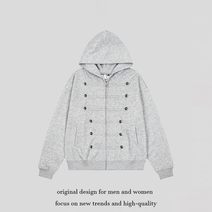 Ladies Hooded Sweat Jacket with decorative Double Button Placket and Zipper Mune Fashion