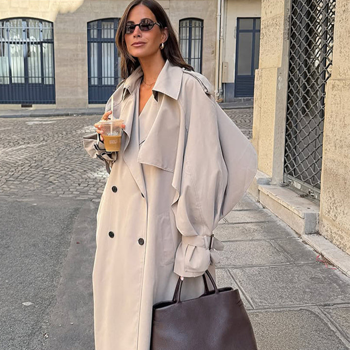 Women Oversize Trench Coat made of lightweight Gabardine with shoulder flaps and waterfall collar Mune Fashion
