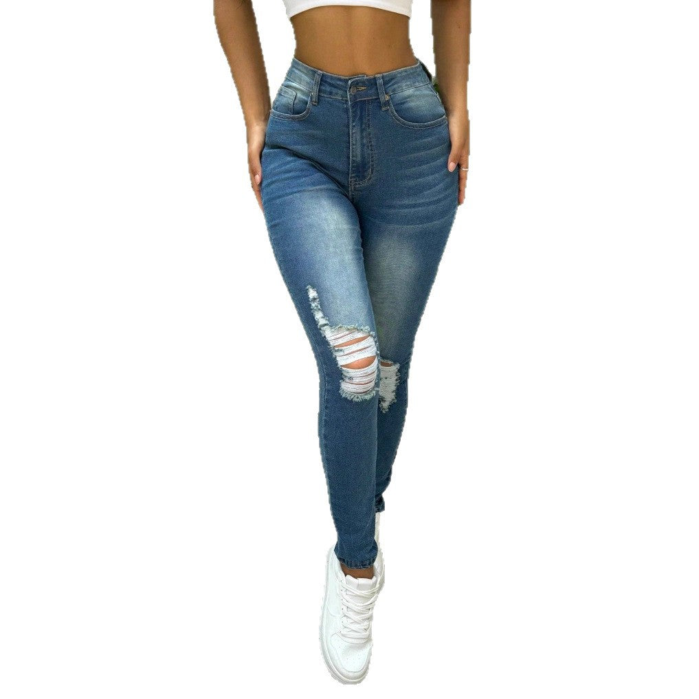 Women's High-Waist Sculpting Skinny Jeans with Asymmetrical Knee Rips and Shaping Comfort Waistband Mune Fashion