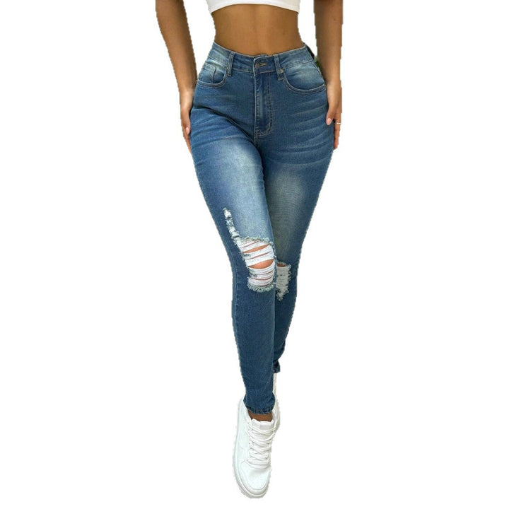 Women's High-Waist Sculpting Skinny Jeans with Asymmetrical Knee Rips and Shaping Comfort Waistband Mune Fashion