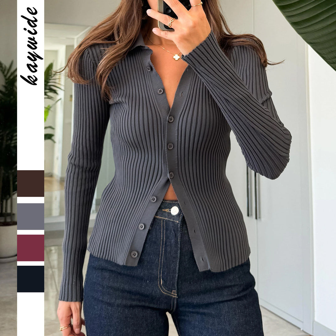 Women's tailored ribbed knit cardigan with concealed button placket and wavy hem Mune Fashion