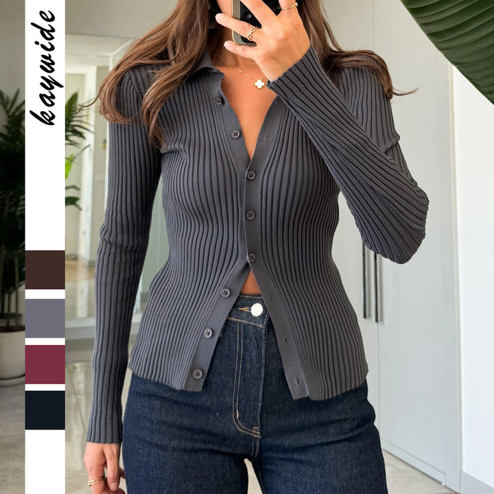 Women's tailored ribbed knit cardigan with concealed button placket and wavy hem Mune Fashion