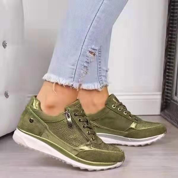 Women's casual wedge sneakers made of suede and mesh mix with side zipper and textured platform sole Mune Fashion