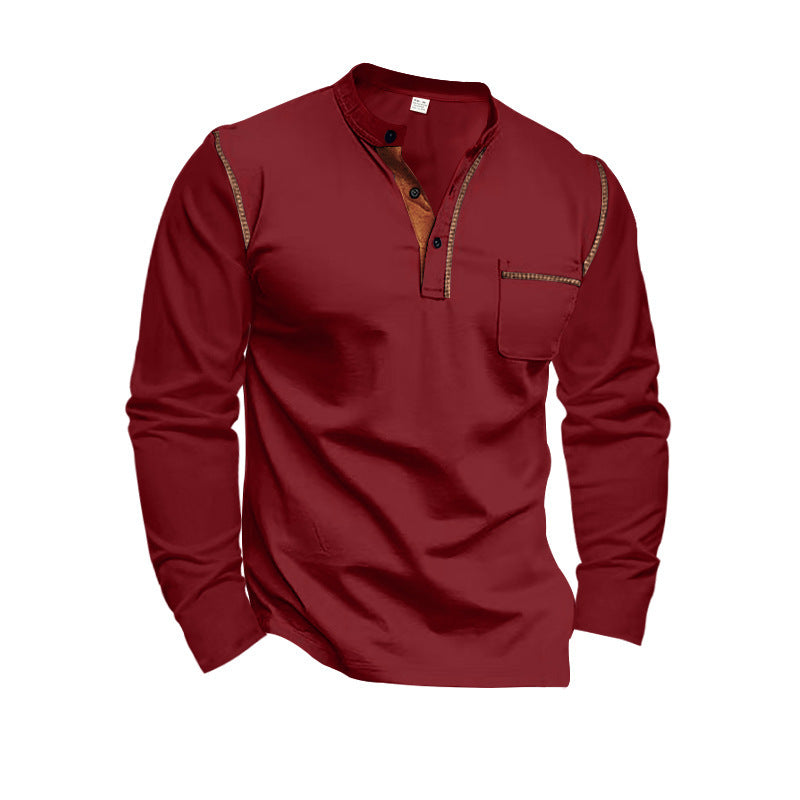 Men's long sleeve shirt with mandarin collar, chest pocket, and contrast decorative seams Mune Fashion