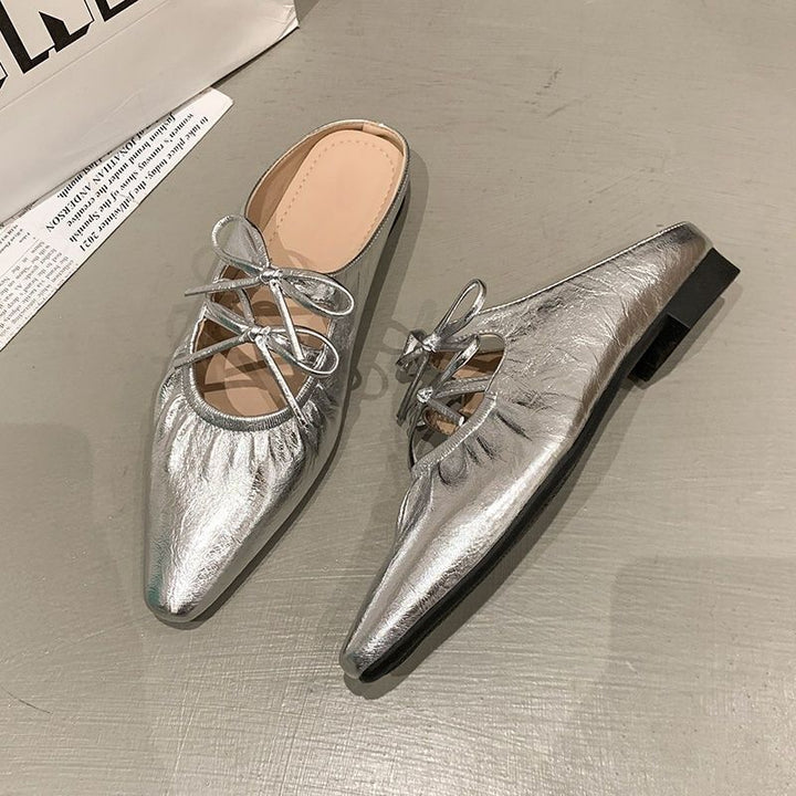 Women's pointed metallic mules with gathered forefoot and decorative lacing Mune Fashion