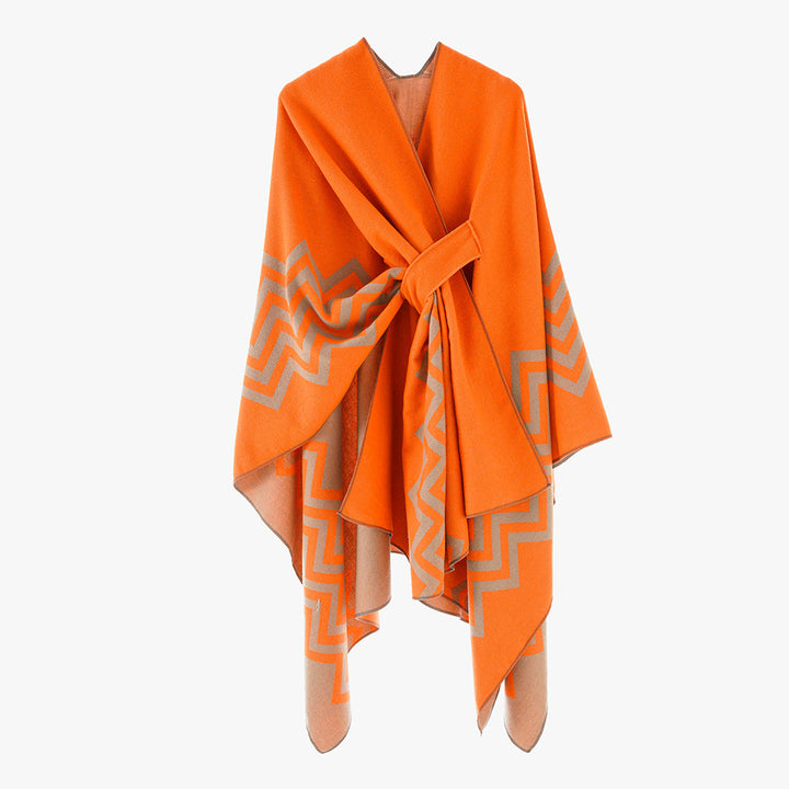 Women's Oversize Rectangle Cape with Jacquard Zigzag Pattern and Ties Belt Mune Fashion