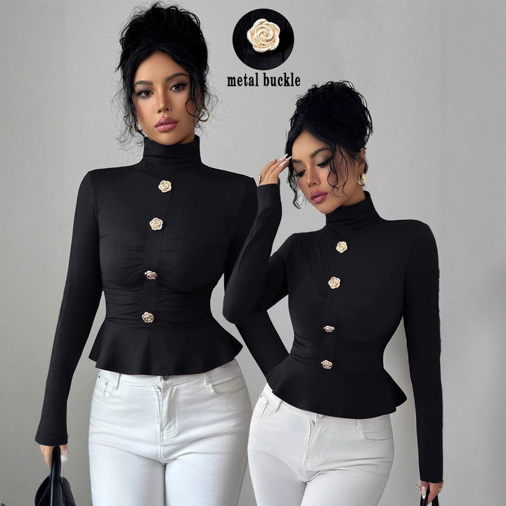 Women turtleneck fitted top with ruffle hem and gold-decorated rose buttons Mune Fashion