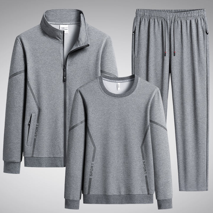 Men's Three-Piece Performance Training Set with Stand Collar Zip Jacket, Round Neck Sweater & Tapered Jogging Pants Mune Fashion