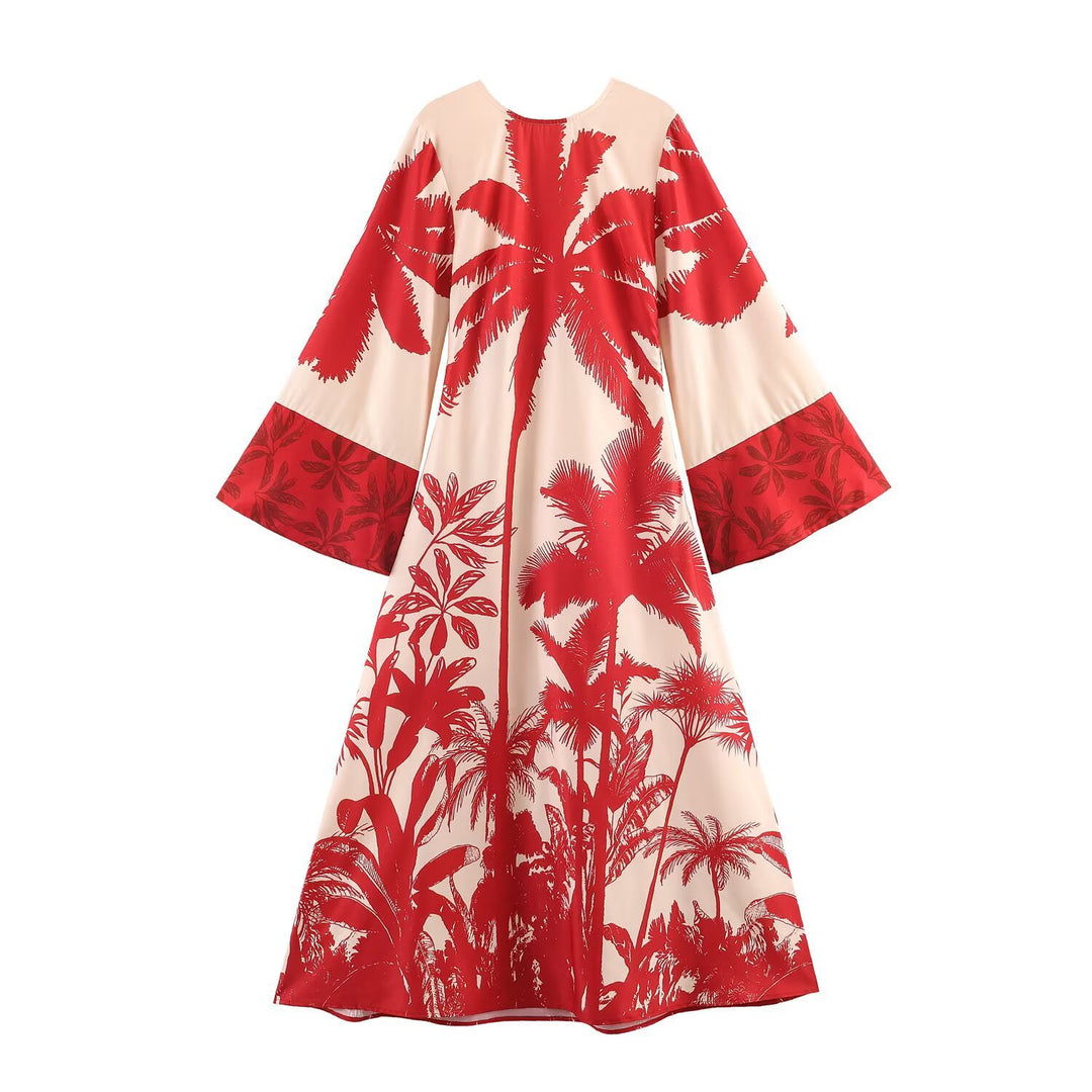 Women's midi dress in kimono style with wide bell sleeves and tropical palm print Mune Fashion
