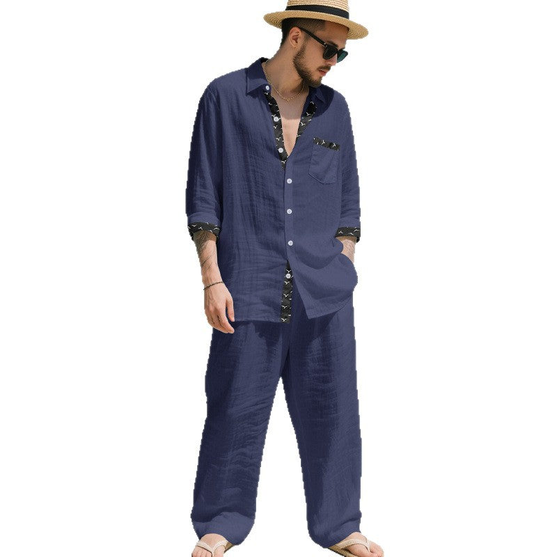 Men's Linen Look Loungewear Set with Drawstring Pants and Open Shirt Jacket Mune Fashion