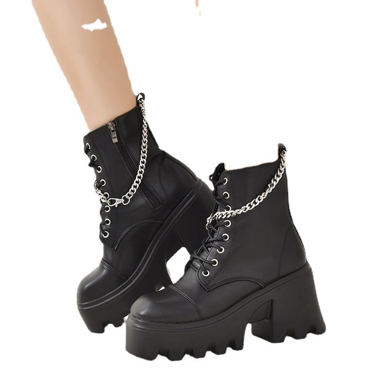 Ladies high-cut platform biker ankle boots in patent look with lacing, side zipper, and decorative buckle and stud application Mune Fashion