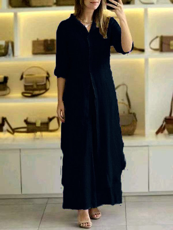 Women's long linen shirt dress with continuous button placket, shirt collar, and subtle A-line cut Mune Fashion