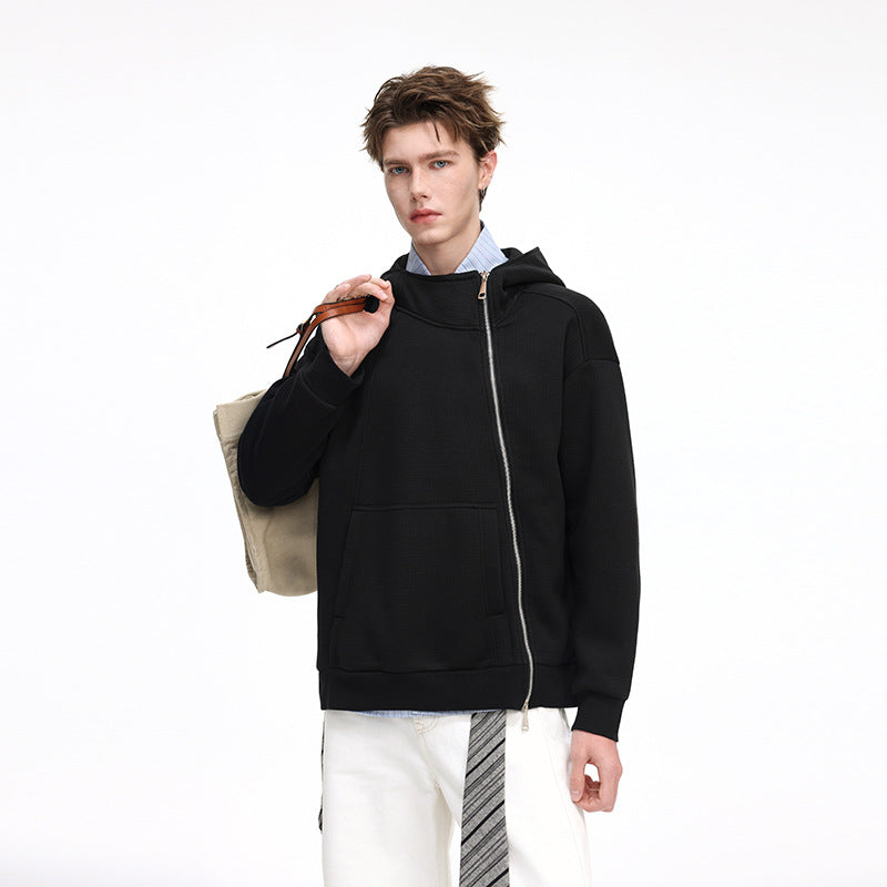 Unisex Asymmetric Hoodie with High Collar, Diagonal Zipper and Kangaroo Pocket Drune