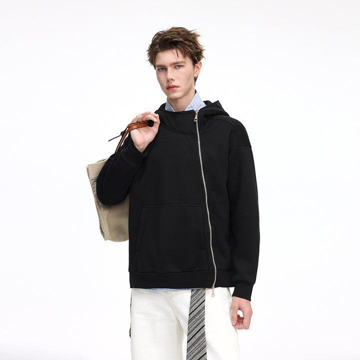 Unisex Asymmetric Hoodie with High Collar, Diagonal Zipper and Kangaroo Pocket Drune