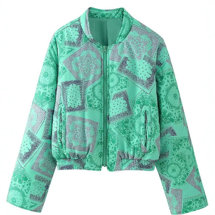Women's Cropped Bomber Jacket with Bandana Print and Quilted Look Mune Fashion