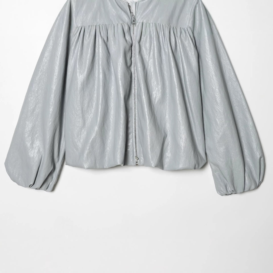Women nan short shiny oversized bomber jacket with gathered chest yoke and voluminous balloon sleeves Mune Fashion