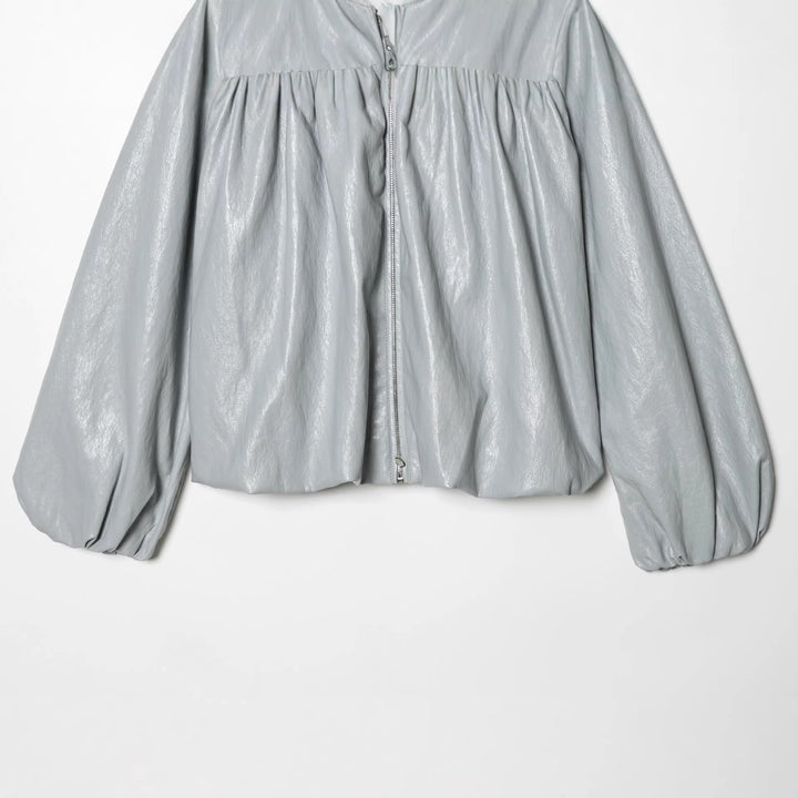 Women nan short shiny oversized bomber jacket with gathered chest yoke and voluminous balloon sleeves Mune Fashion