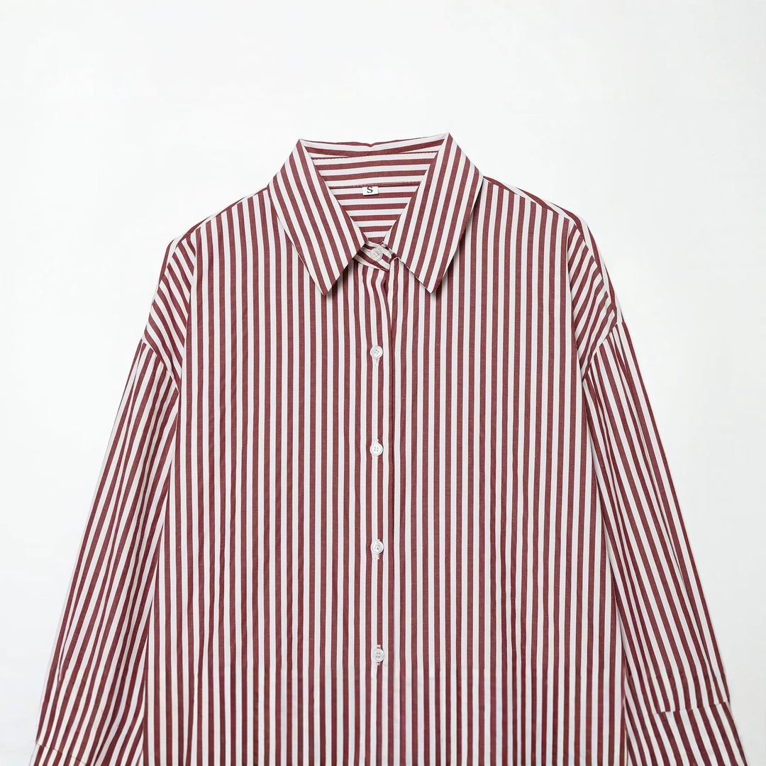 Women's Oversize Striped Shirt Blouse with Dropped Shoulder and Extended Hem Mune Fashion