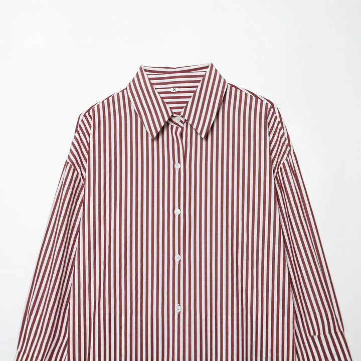 Women's Oversize Striped Shirt Blouse with Dropped Shoulder and Extended Hem Mune Fashion