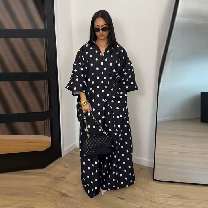Women's Two-Piece Oversized Blouse and Palazzo Pants Set with Polka Dot Pattern Mune Fashion