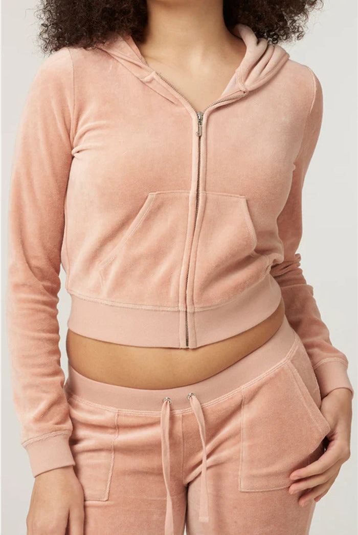 Women's Velvet Cropped Zip Jacket with Kangaroo Pocket and High-Cut Cuffed Pants Mune Fashion
