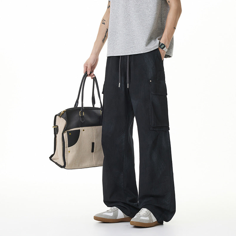 Damen Weite Cargo-Hose im Baggy-Stil mit Tunnelzugbund, Multifachtaschen und Used-Waschung Mune Fashion