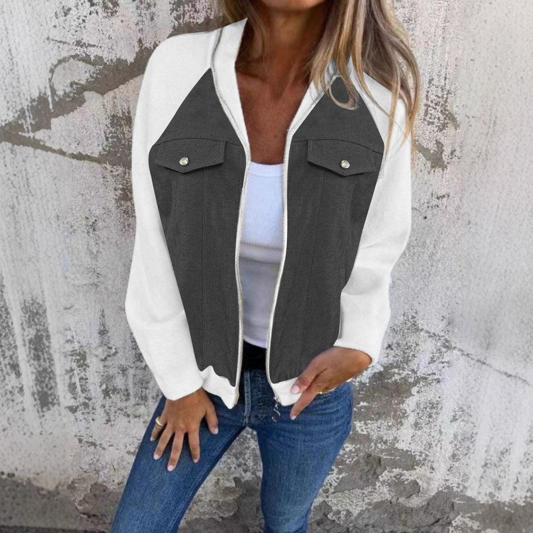Women's denim mix blouson jacket with zipper and chest pockets Mune Fashion