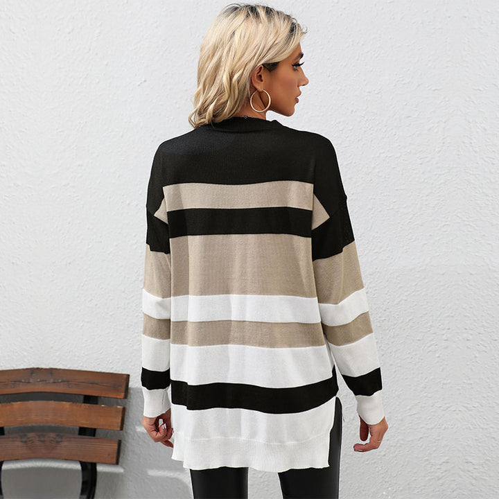 Women Striped Oversized Fine Knit Sweater with Round Neck and Ribbed Cuffs Mune Fashion