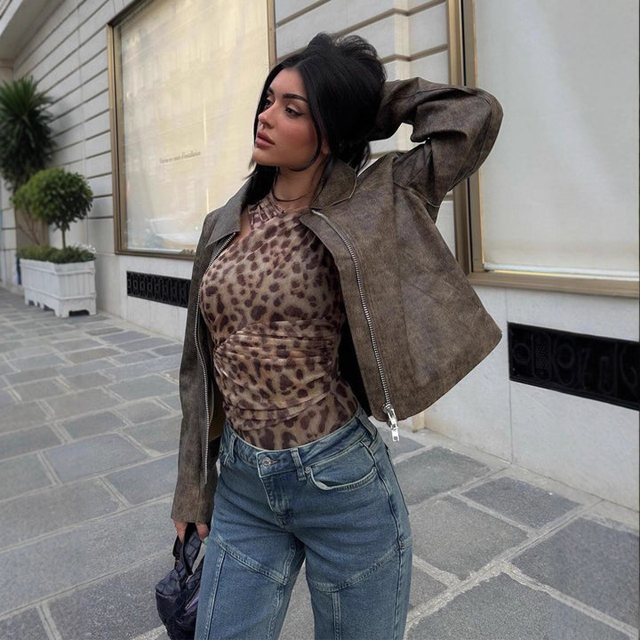 Women's Short Boxy Jacket in Vintage Suede Look with Distinctive Metal Zipper Mune Fashion