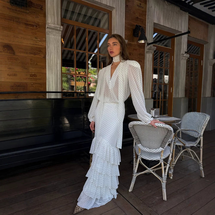 Women's Maxi Dress in Chiffon with Wrap Top, Bow and Tiered Ruffle Skirt Mune Fashion