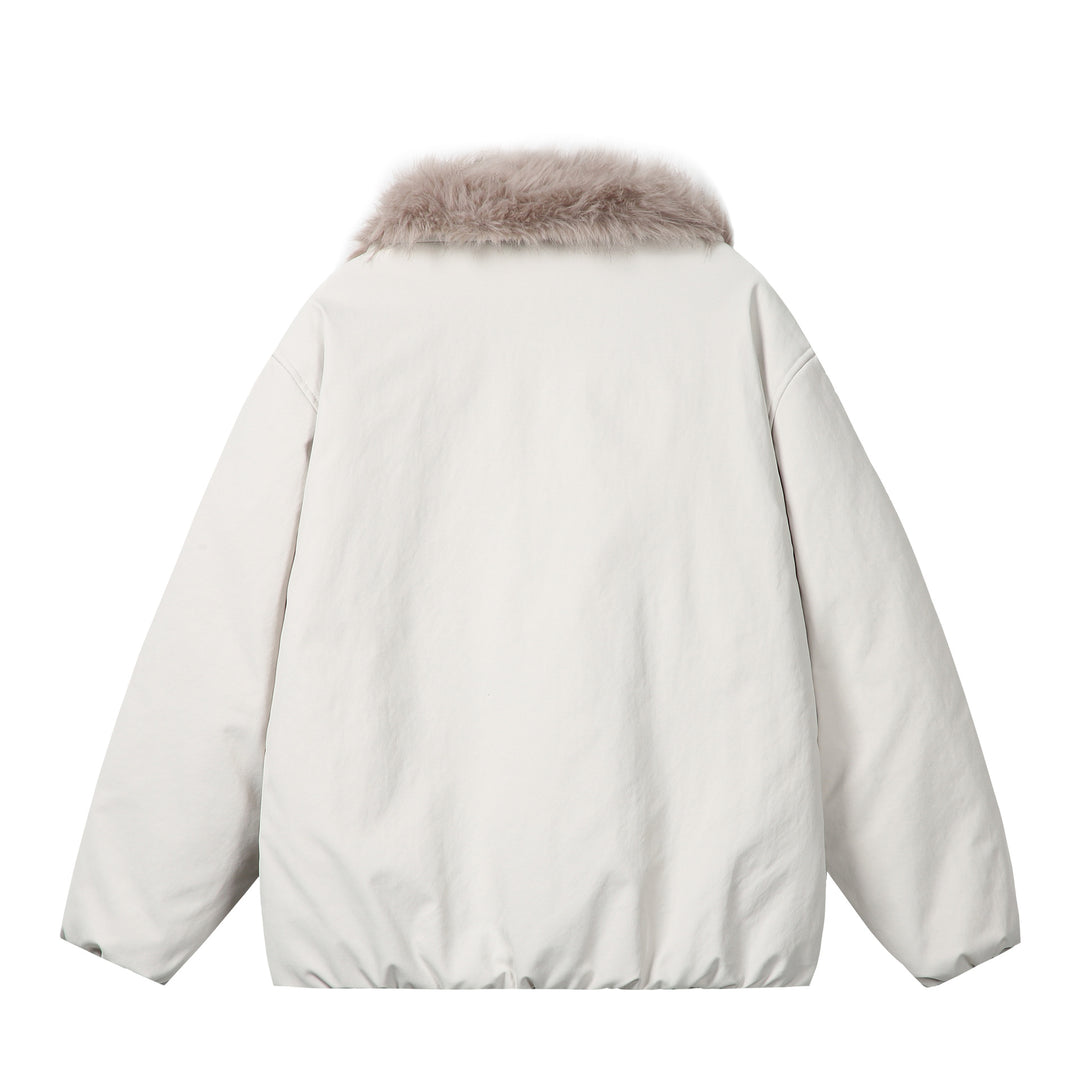 Women's short jacket in boxy cut with voluminous faux fur collar and two-way zipper Mune Fashion