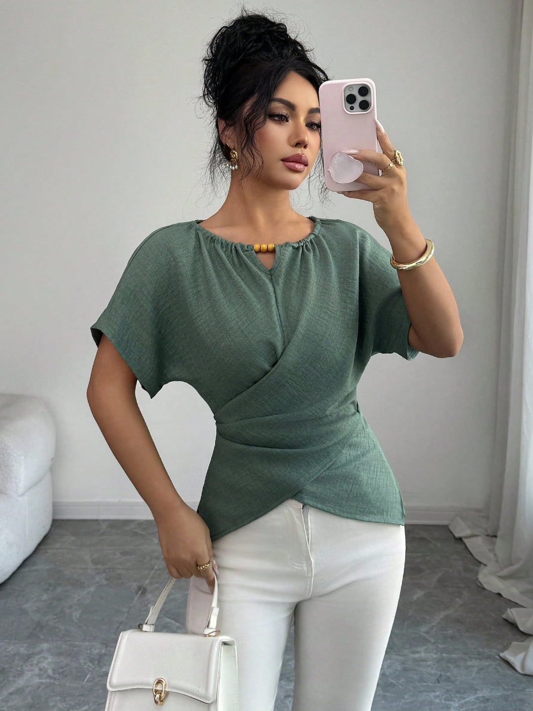 Women's Tailored Linen Look Top with Keyhole Opening, Bead Detail and Draping Mune Fashion