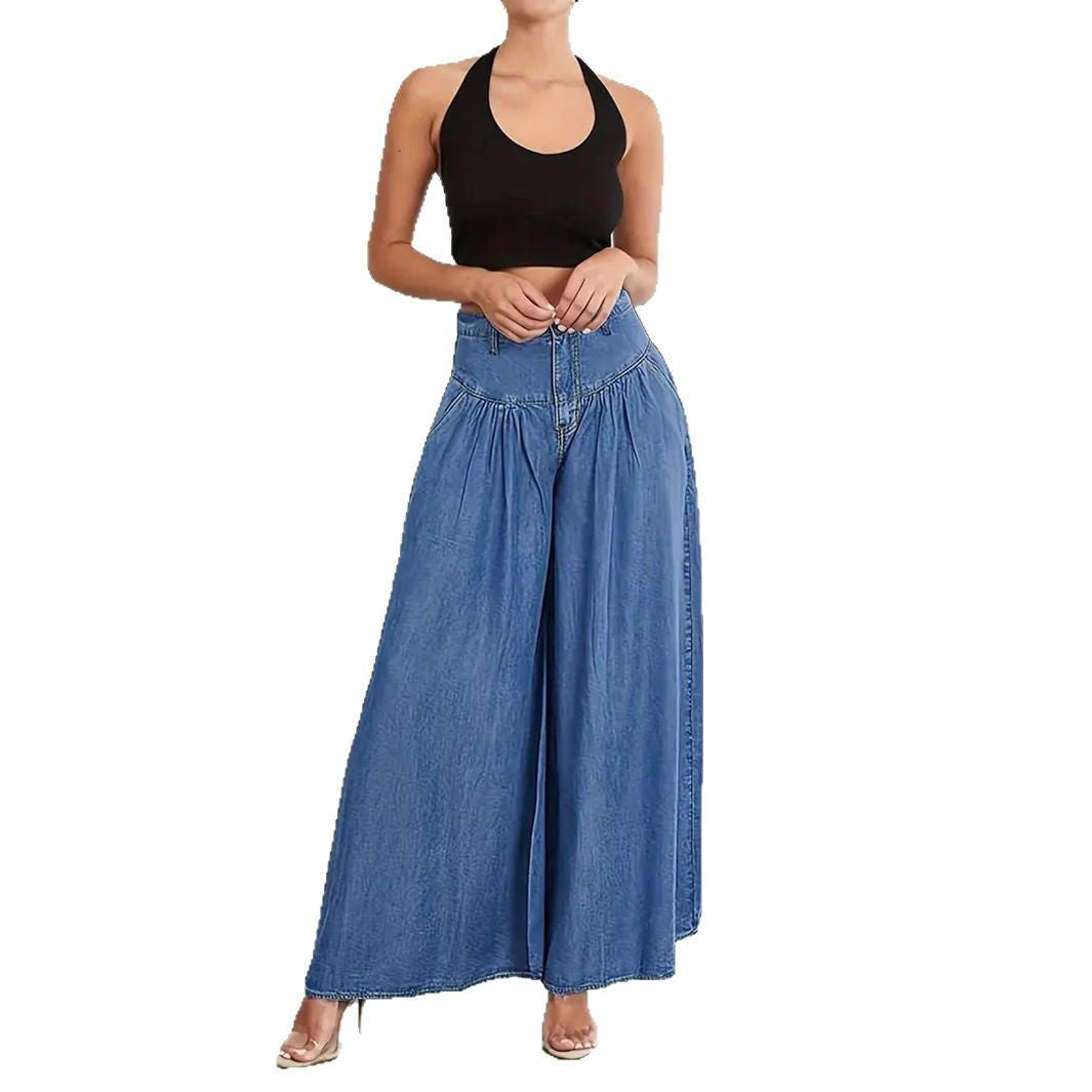 Women High-Waisted Denim Palazzo Pants with Gathered Box Pleat and Extra Wide Leg Mune Fashion