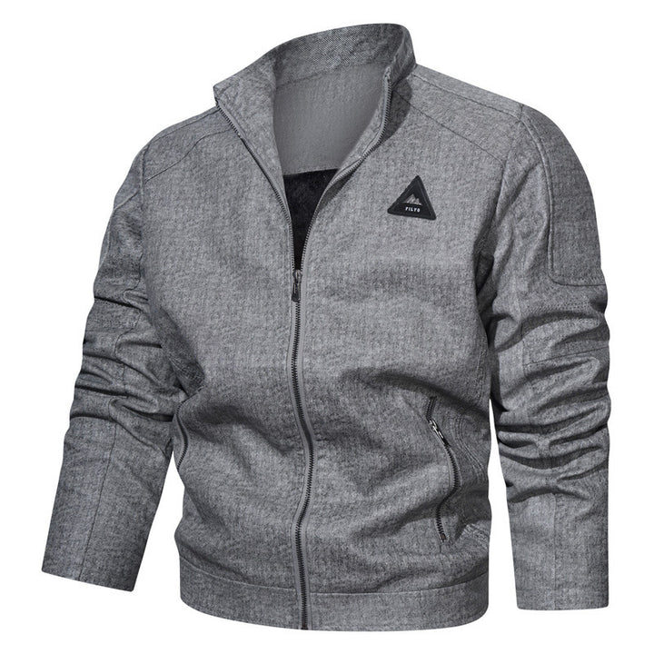 Men's Denim Look Bomber Jacket with Stand-Up Collar and Quilted Shoulders Mune Fashion