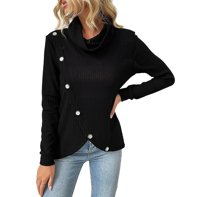 Women's ribbed turtleneck sweater with asymmetric button placket and tailored silhouette Mune Fashion
