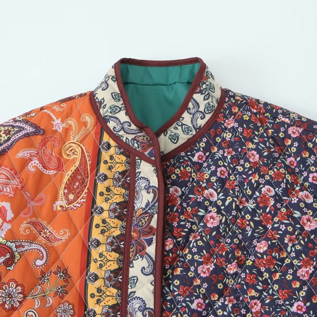 Women’s Boho quilted jacket with patchwork print, quilted lining and patch pockets Mune Fashion