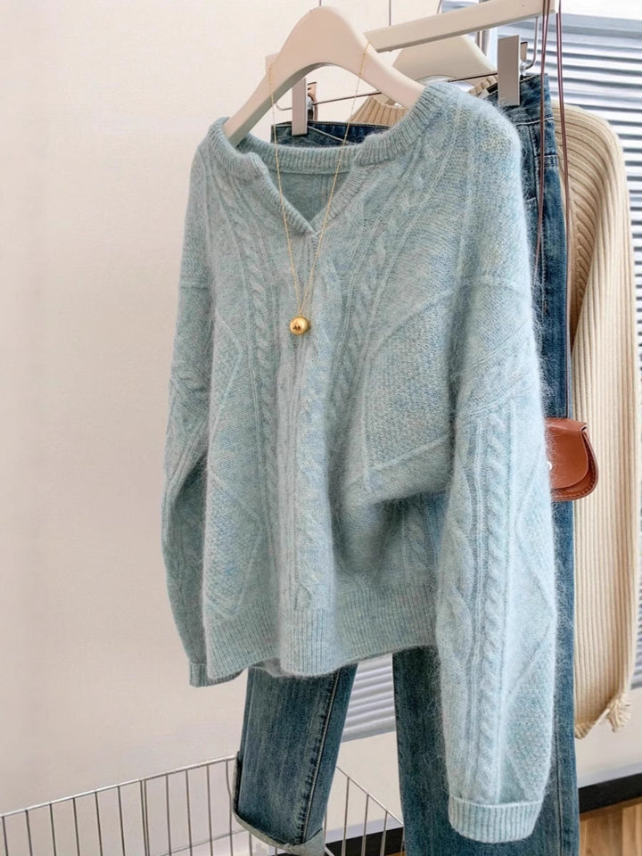 Women's Oversize Mohair-Optic Cable Knit Sweater with V-Neck and Dropped Shoulder Mune Fashion