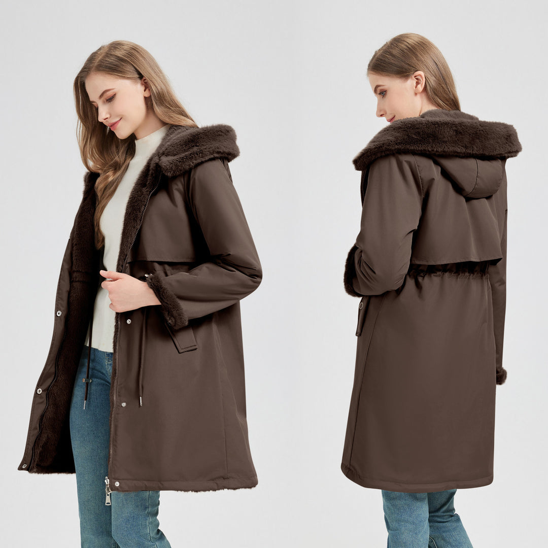 Women's tailored long thermal parka with faux fur trim on hood and sleeves as well as drawstring waist Mune Fashion