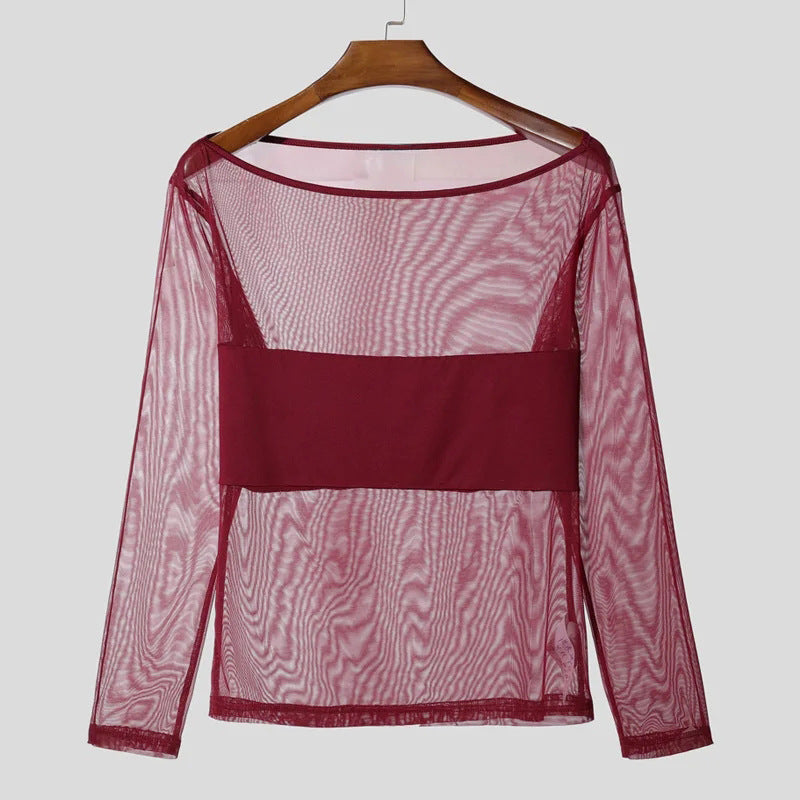 Ladies' sheer mesh long sleeve top with opaque chest band and wide round neckline Mune Fashion