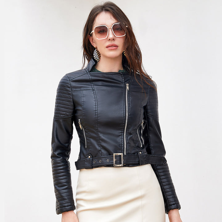 Women's cropped motorcycle jacket in biker look with asymmetric zipper and quilted sleeve part Mune Fashion