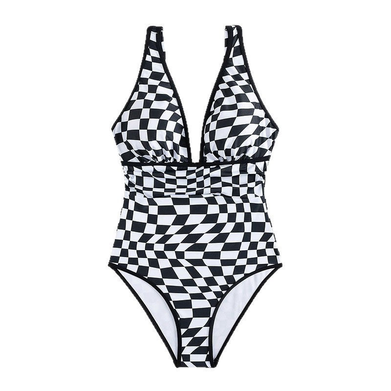 Women’s One-Piece Swimsuit with Modern Checkerboard Pattern Mune Fashion