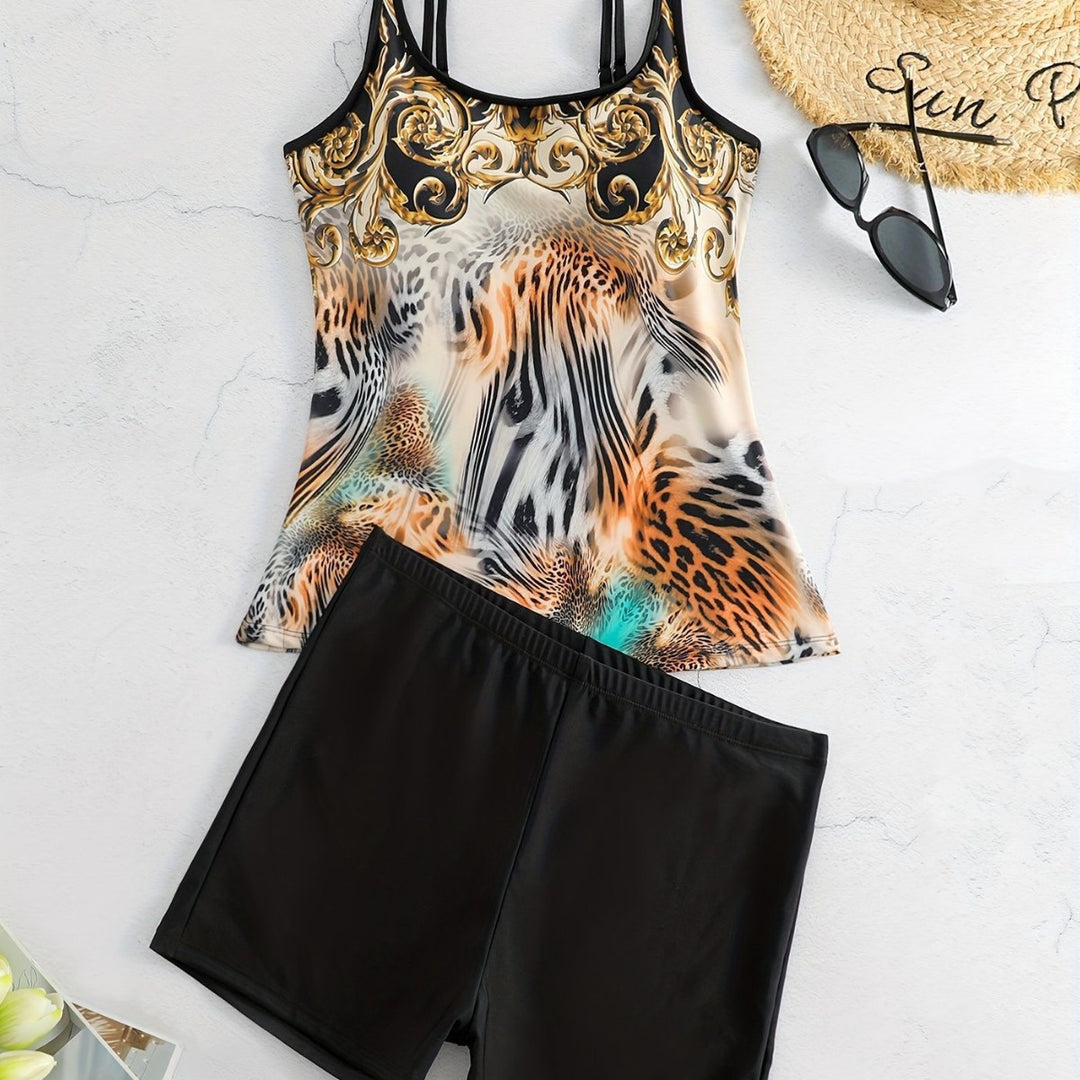 Ladies sporty tankini set with fashionable animal print and boxer shorts Mune Fashion