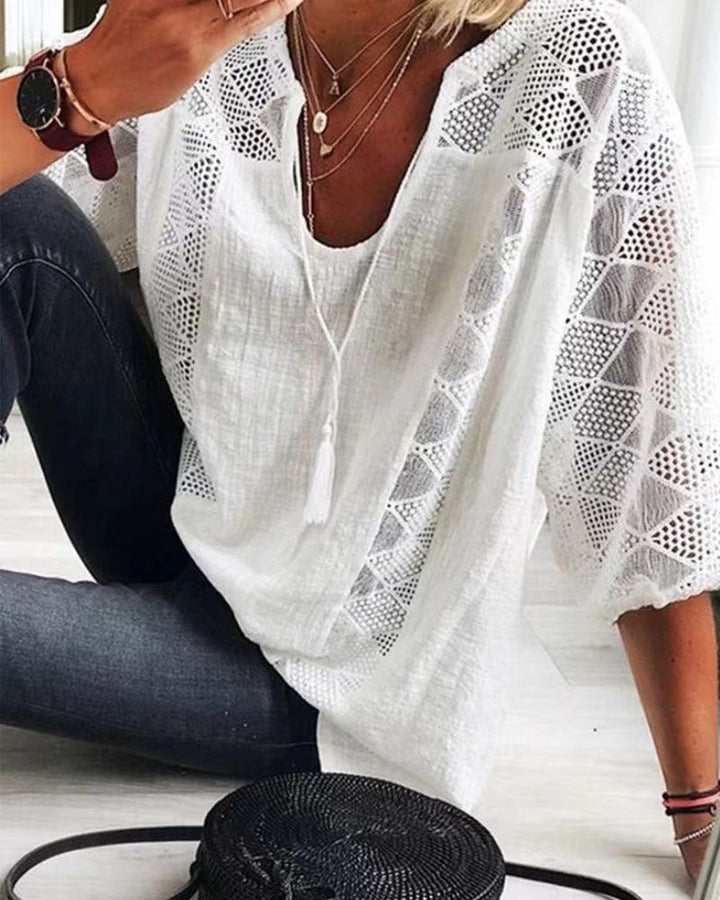 Women's airy blouse with deep neckline, lace inserts and balloon sleeves Mune Fashion