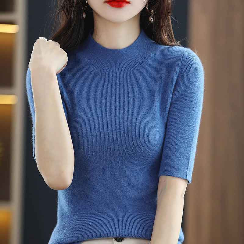 Women's Short Sleeve Fine Knit Sweater with Stand-Up Collar and Tailored Fit Mune Fashion