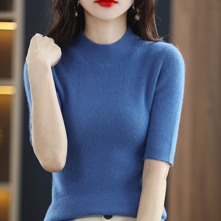 Women's Short Sleeve Fine Knit Sweater with Stand-Up Collar and Tailored Fit Mune Fashion