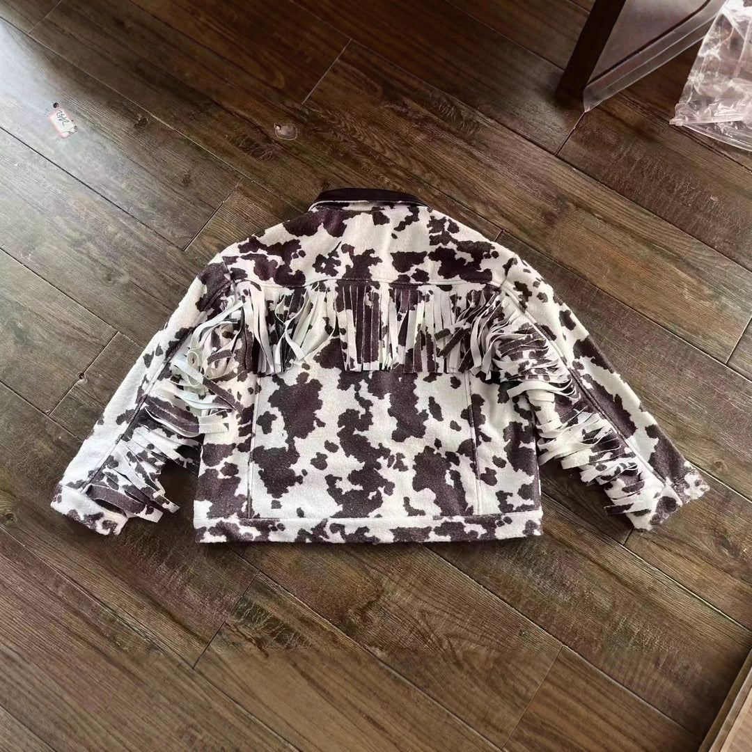 Women’s teddy trucker jacket with cow spot pattern and faux leather collar Mune Fashion