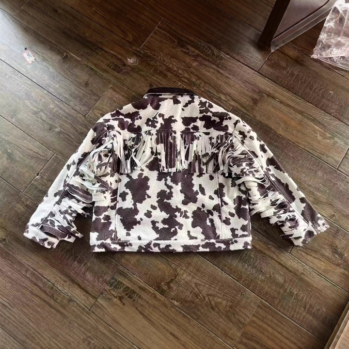 Women’s teddy trucker jacket with cow spot pattern and faux leather collar Mune Fashion