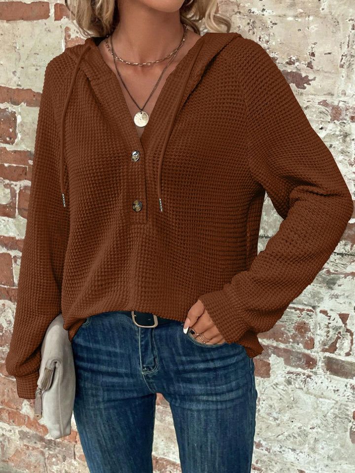 Women Waffle Knit Hoodie with Henley Button Placket and Oversized Cut Mune Fashion