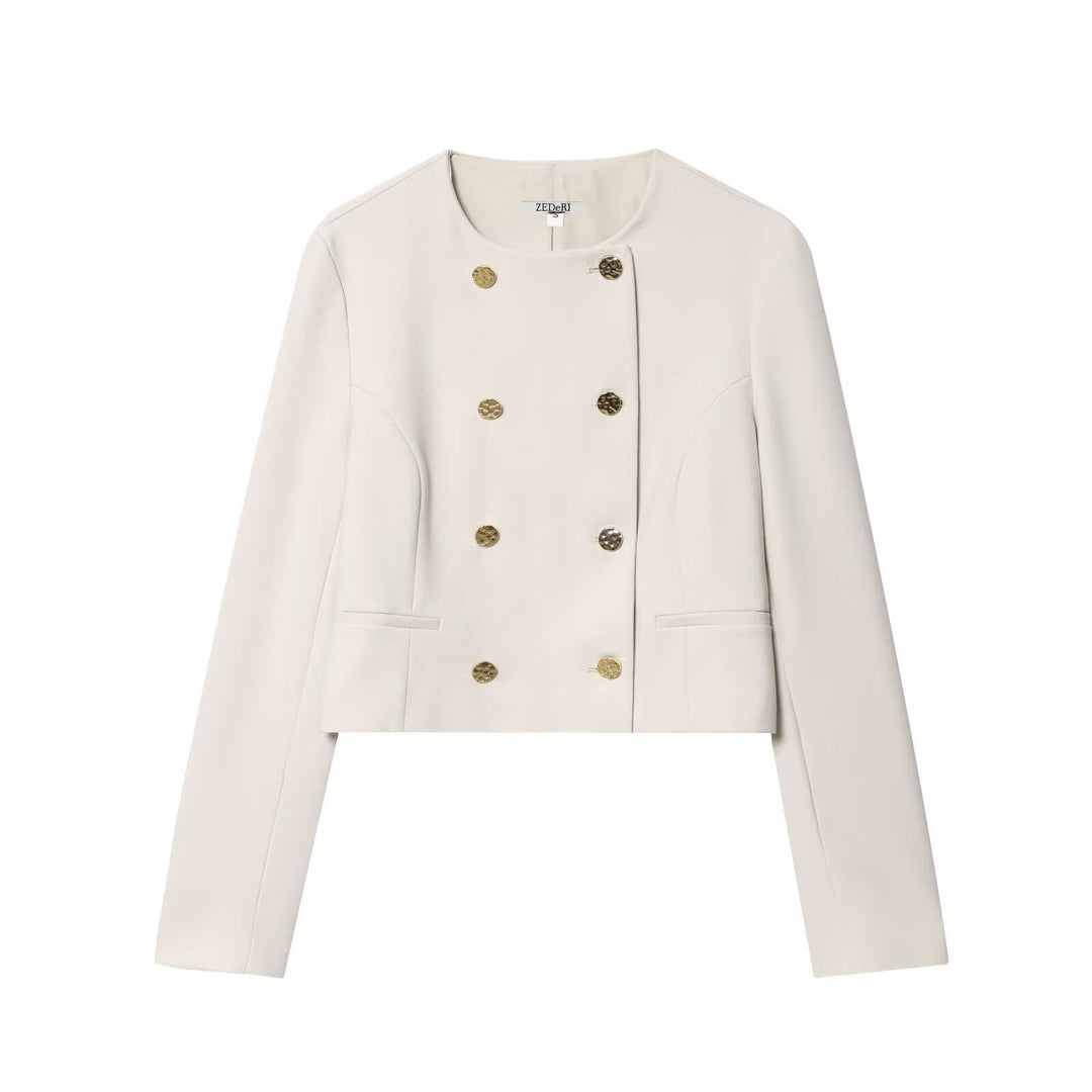 Women Short Double-Breasted Blazer with Round Neck and Decorative Buttons Mune Fashion